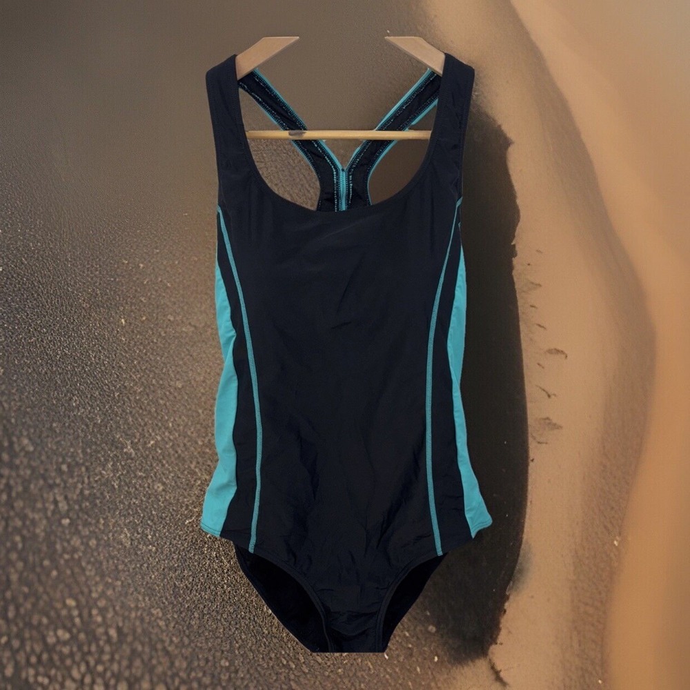 Grand Everest One Piece Swimsuit Sz L Racerback Built in Bra Black Teal Athletic